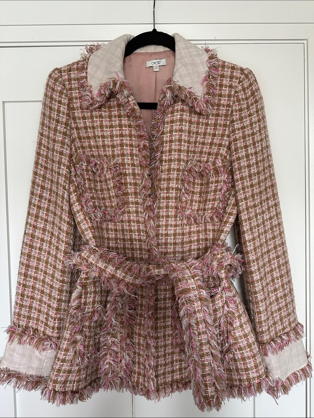 Cache Chic Tweed Fringe Belted Jacket - Pink & Tan Vintage look Sz 4